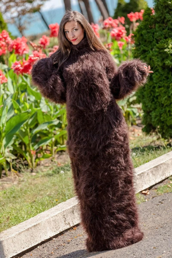 Brown Mohair Sweater Dress, Hand Knitted Chunky Fluffy Turtleneck Maxi Dress T371