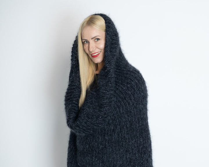 Long Mohair Poncho Dress, Hand Knitted  Extra Long Turtleneck Scarf T1511