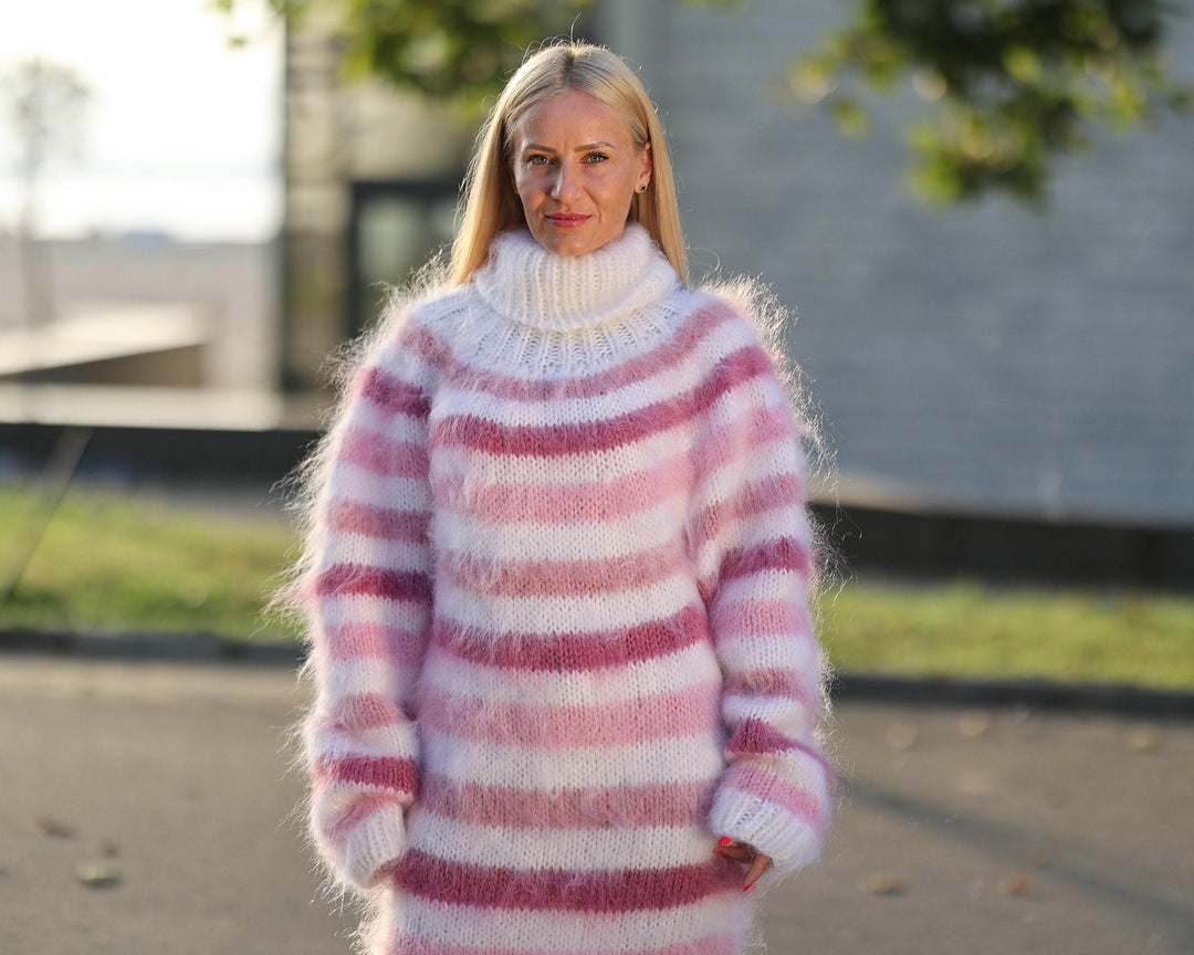 Rainbow Mohair Sweater Dress, Hand Knitted Fluffy Turtleneck Maxi Dress T1452
