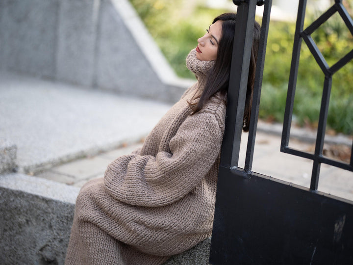 Beige Wool Knit Turtleneck Maxi Sweater Dress T1167