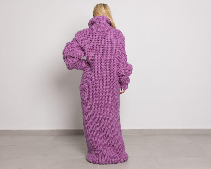 English Rib Pink Wool Sweater Dress, Hand Knitted Turtleneck Maxi Dress T1520
