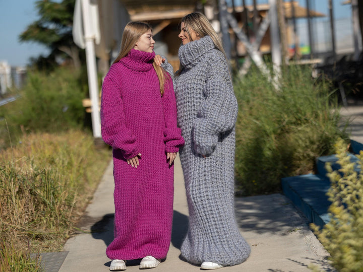 Pink Wool Knit Maxi Dress, Turtleneck Sweater Dress T1264