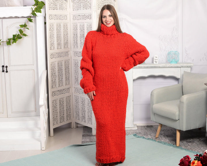 Red Wool Sweater Dress, Hand Knitted Chunky Turtleneck Maxi Dress T783