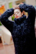 Robe pull noire en mohair, robe longue épaisse tricotée à la main à col roulé T63