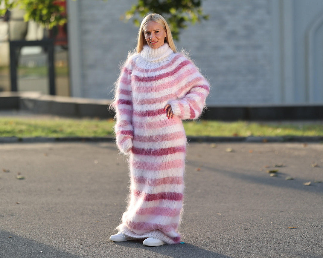 Rainbow Mohair Sweater Dress, Hand Knitted Fluffy Turtleneck Maxi Dress T1452