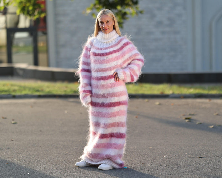 Rainbow Mohair Sweater Dress, Hand Knitted Fluffy Turtleneck Maxi Dress T1452