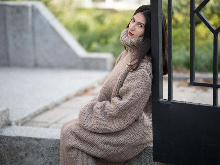 Beige Wool Knit Turtleneck Maxi Sweater Dress T1167