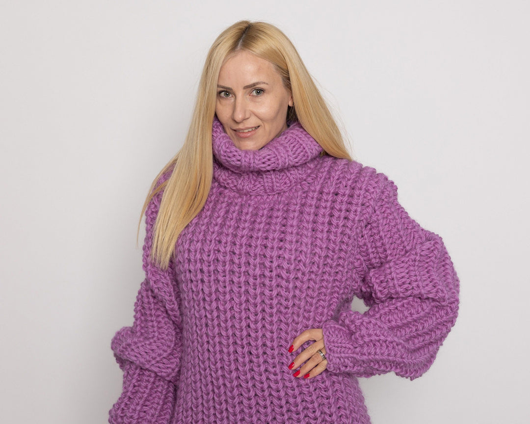 English Rib Pink Wool Sweater Dress, Hand Knitted Turtleneck Maxi Dress T1520