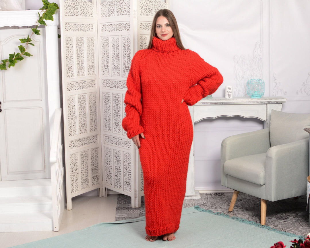 Red Wool Sweater Dress, Hand Knitted Chunky Turtleneck Maxi Dress T783