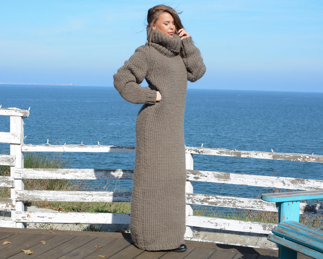 Beige Wool Sweater Dress, Hand Knitted Chunky Turtleneck Maxi Dress T666