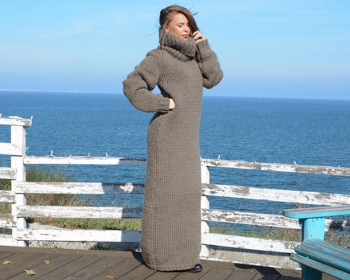 Beige Wool Sweater Dress, Hand Knitted Chunky Turtleneck Maxi Dress T666
