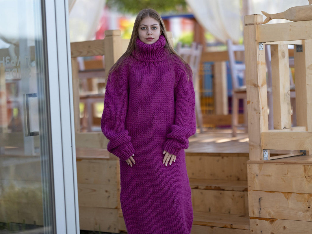 Pink Wool Knit Maxi Dress, Turtleneck Sweater Dress T1264
