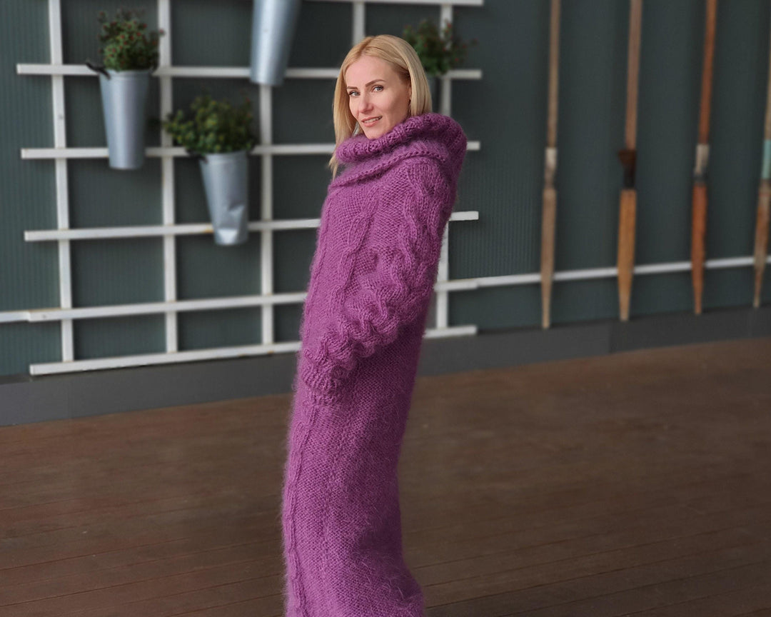 Purple Mohair Sweater Dress, Hand Knitted Cable Knit Turtleneck Maxi Dress T943