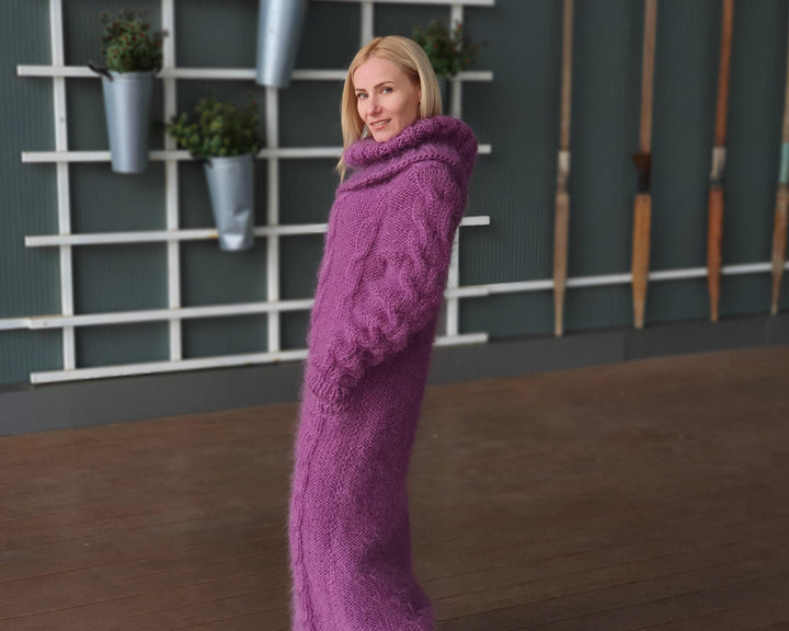Purple Mohair Sweater Dress, Hand Knitted Cable Knit Turtleneck Maxi Dress T943
