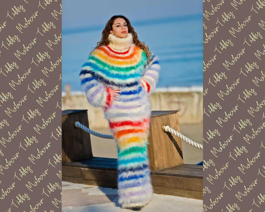Rainbow Mohair Sweater Dress, Hand Knitted Fluffy Turtleneck Maxi Dress T184