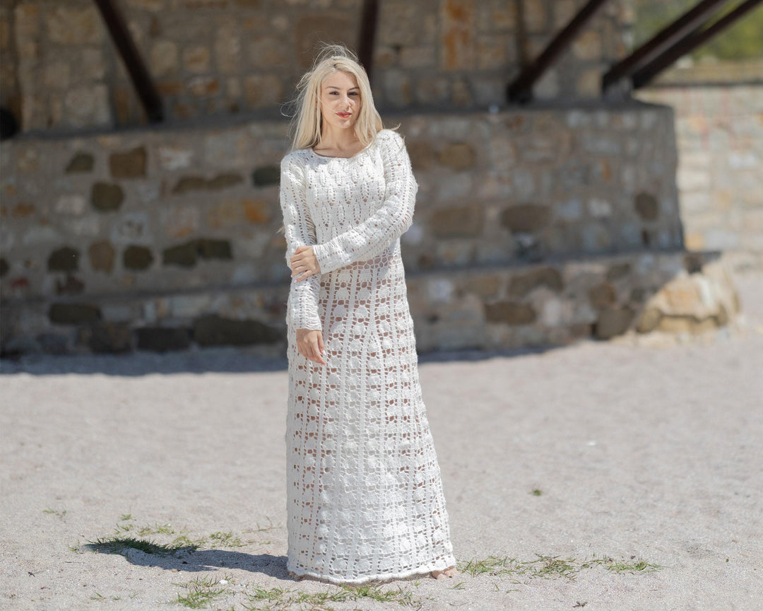 Crochet Wedding Dress, Handmade Vintage Bohemian Bridal Gown T998
