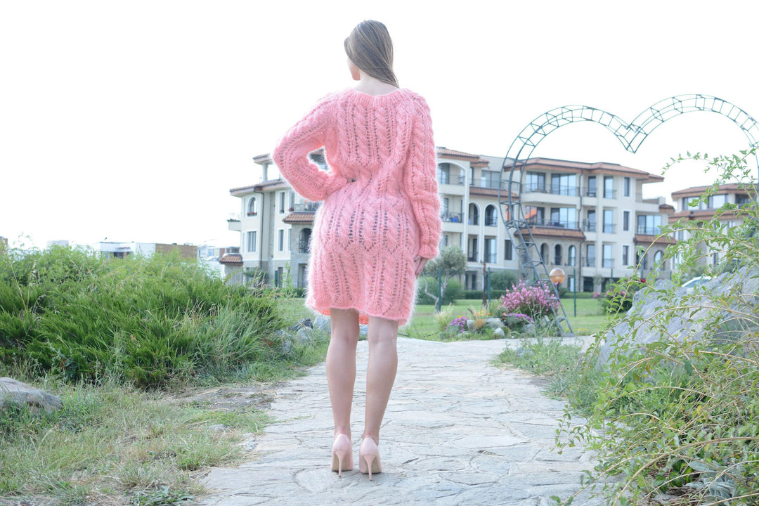 Coral Mohair Sweater Dress, Hand Knitted Cable Knit Fuzzy Lace Dress T797