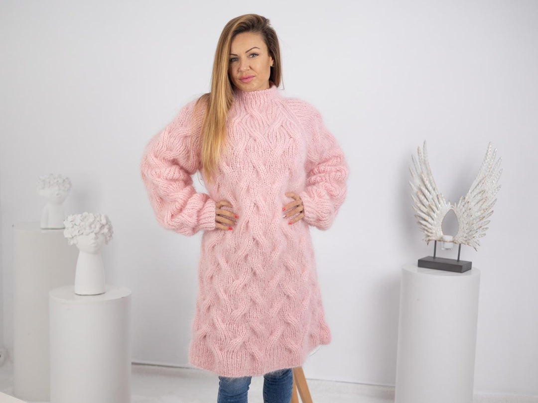 Pink Mohair Sweater Dress, Hand Knitted Chunky Fluffy Slouchy Jumper T1749