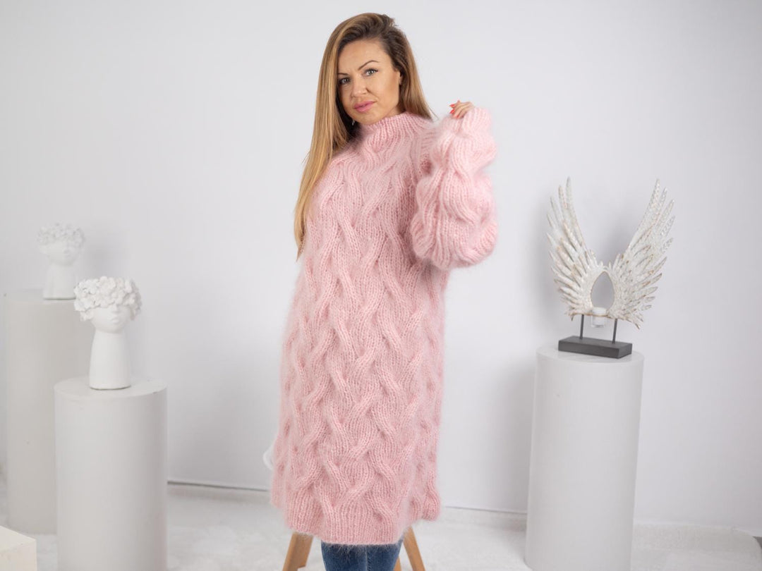 Pink Mohair Sweater Dress, Hand Knitted Chunky Fluffy Slouchy Jumper T1749