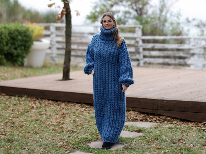 Extra Chunky Wool Sweater Dress, Hand Knitted English Rib Turtleneck Maxi Dress T1107