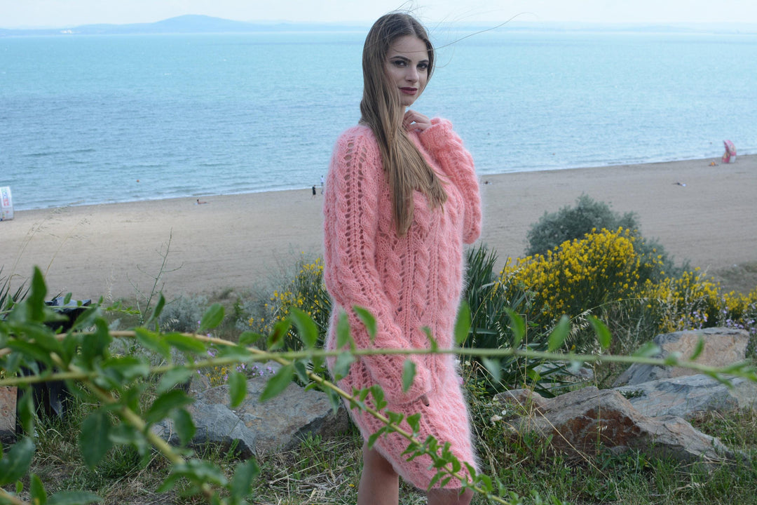 Coral Mohair Sweater Dress, Hand Knitted Cable Knit Fuzzy Lace Dress T797