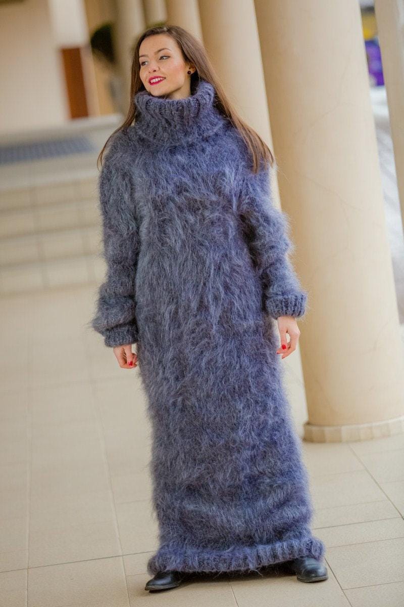 Gray Mohair Knit Maxi Dress, Fluffy Turtleneck Sweater T325