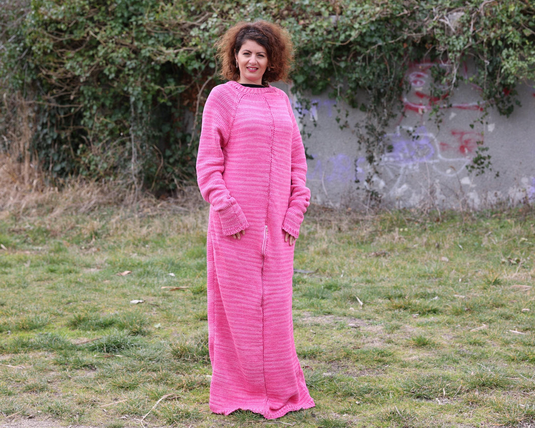 100% Cotton Hand Knitted Dress, Pink Melange Maxi Sleeping Bag Dress T1361