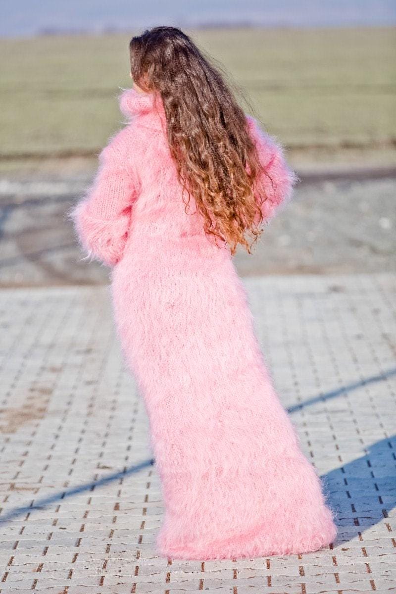 Hand Knitted Pink Mohair Turtleneck Maxi Dress T270