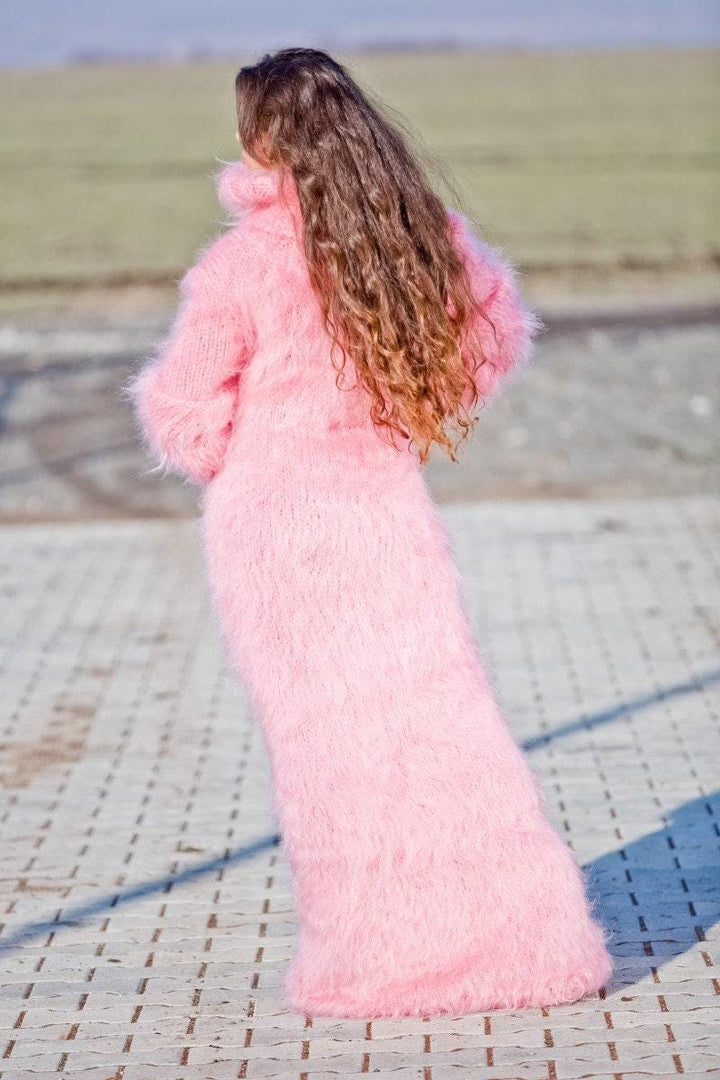 Hand Knitted Pink Mohair Turtleneck Maxi Dress T270