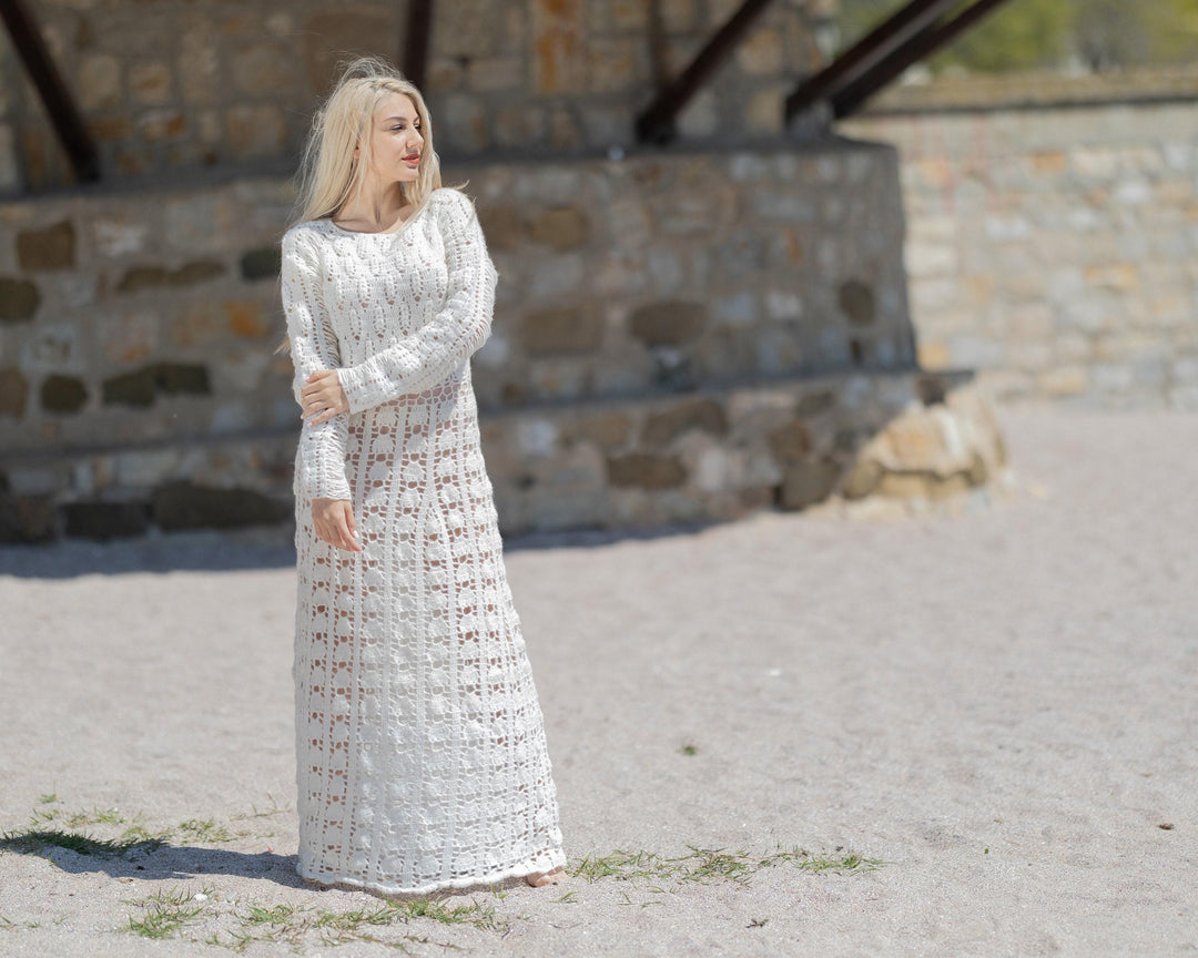 Crochet Wedding Dress, Handmade Vintage Bohemian Bridal Gown T998