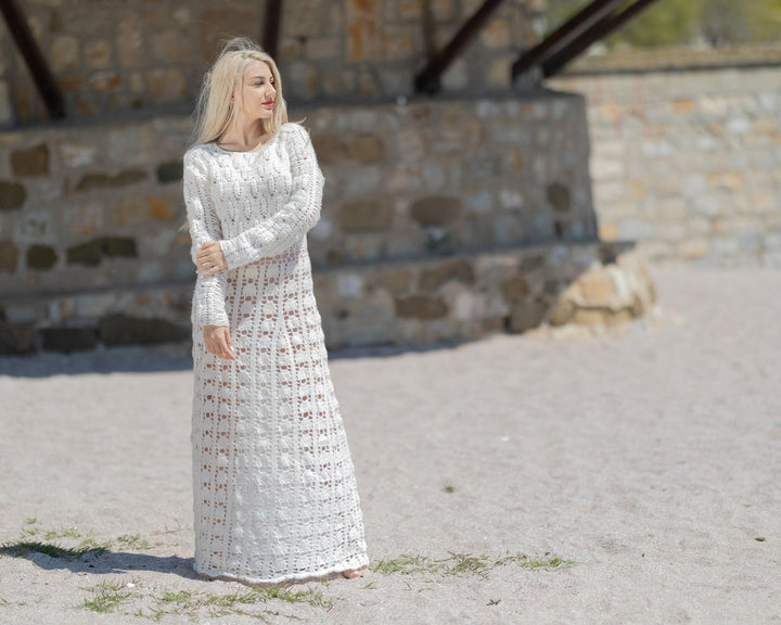 Crochet Wedding Dress, Handmade Vintage Bohemian Bridal Gown T998