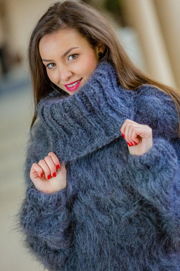 Gray Mohair Knit Maxi Dress, Fluffy Turtleneck Sweater T325