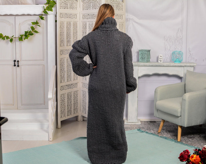 Gray Wool Sweater Dress, Hand Knitted Chunky Turtleneck Maxi Dress T784