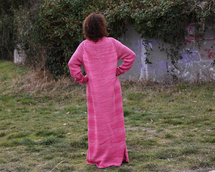 100% Cotton Hand Knitted Dress, Pink Melange Maxi Sleeping Bag Dress T1361