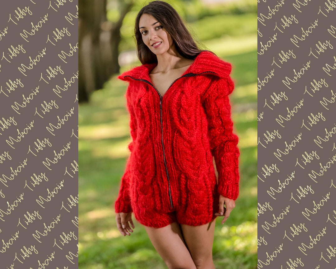 Red Mohair Catsuit – Chunky Hand-Knitted Fluffy Bodysuit with Zipper – Warm Winter Romper – T345