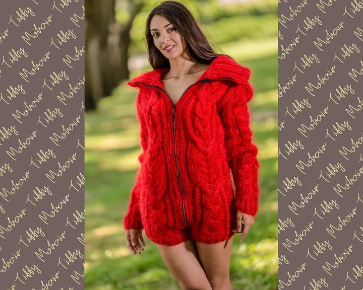 Red Mohair Catsuit – Chunky Hand-Knitted Fluffy Bodysuit with Zipper – Warm Winter Romper – T345