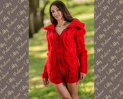 Roter Mohair-Catsuit – Grob gestrickter flauschiger Bodysuit mit Reißverschluss – Warmer Winter-Strampler – T345