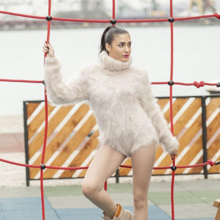 Beige Mohair Bodysuit – Hand-Knitted Fluffy Winter Romper Sweater – Soft One-Piece Knit – T468