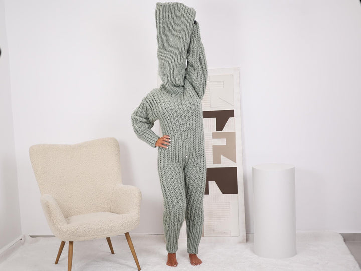 100 % Wool Catsuit – Hand-Knitted Extra Long Turtleneck Bodysuit in English Rib T1694