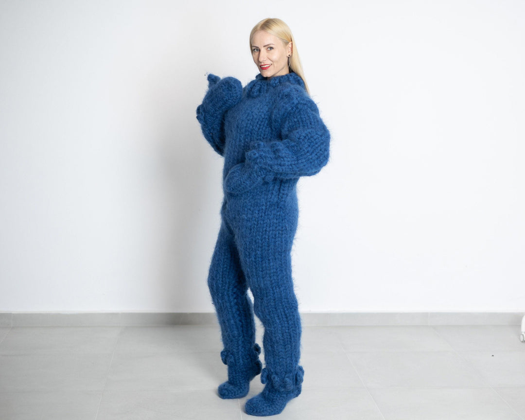 Hand Knit Mohair Catsuit: Blue Fuzzy Jumpsuit with Mittens & Socks T1514