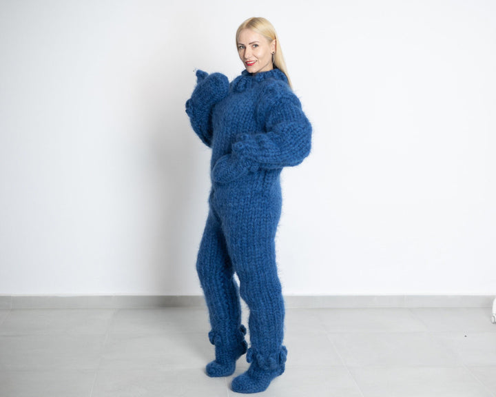 Hand Knit Mohair Catsuit: Blue Fuzzy Jumpsuit with Mittens & Socks T1514