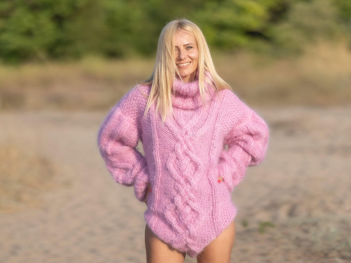 Pink Mohair Catsuit – Hand-Knitted Cable Knit Bodysuit with Cables – Fluffy One-Piece Suit – T1232