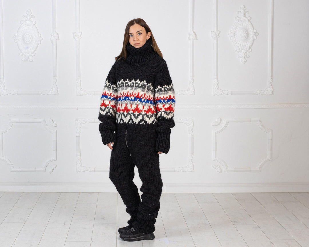 Wool Catsuit – Chunky Hand-Knitted Icelandic Full Body Overall – Heavy Knit One-Piece Suit – T977W