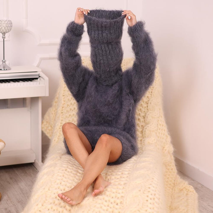 Brushed Mohair Bodysuit – Fluffy Hand-Knitted One-Piece with 70 cm Extra Long Turtleneck  T1982