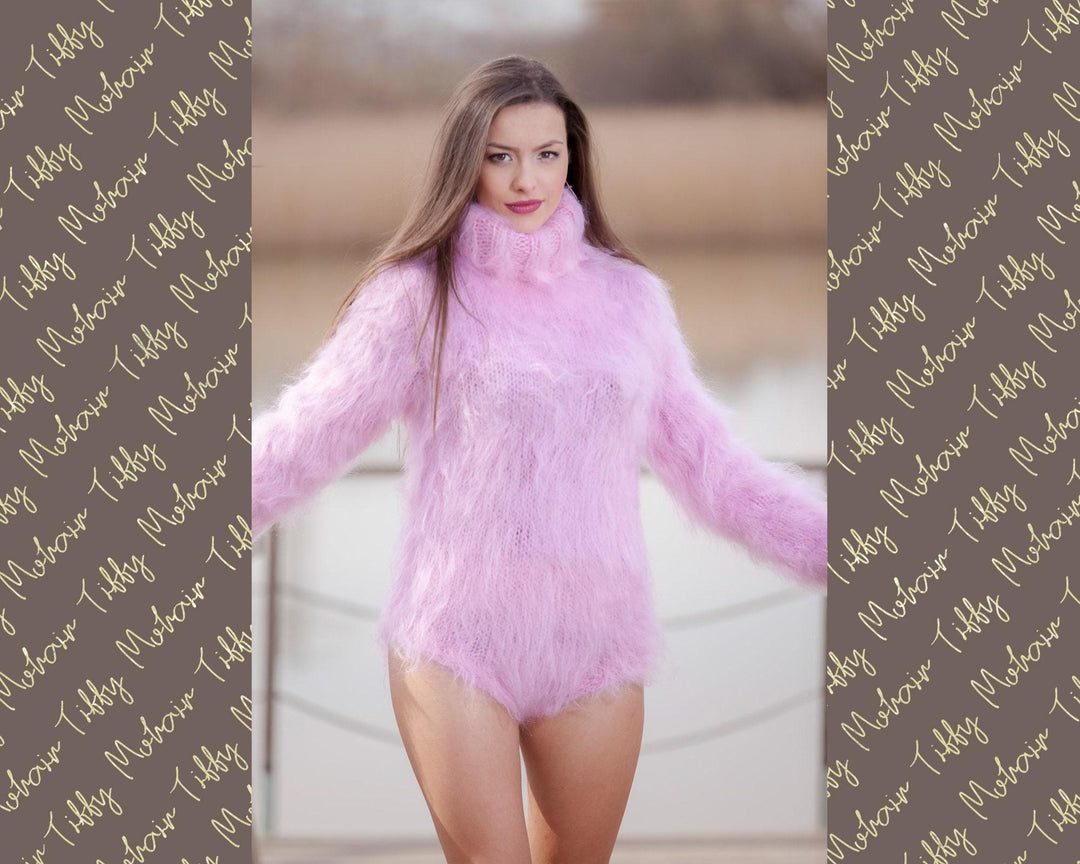 Pink Mohair Bodysuit – Fluffy Hand-Knitted Turtleneck Romper Sweater – Soft One-Piece Knit – T444