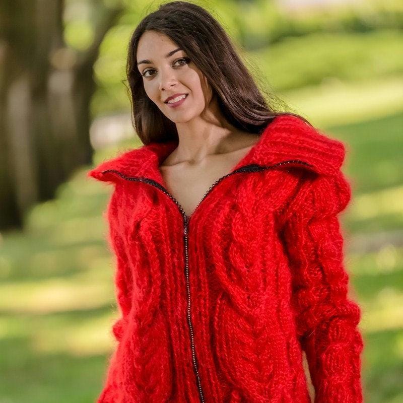 Red Mohair Catsuit – Chunky Hand-Knitted Fluffy Bodysuit with Zipper – Warm Winter Romper – T345
