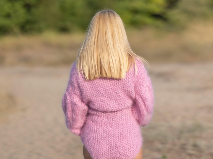 Pink Mohair Catsuit – Hand-Knitted Cable Knit Bodysuit with Cables – Fluffy One-Piece Suit – T1232