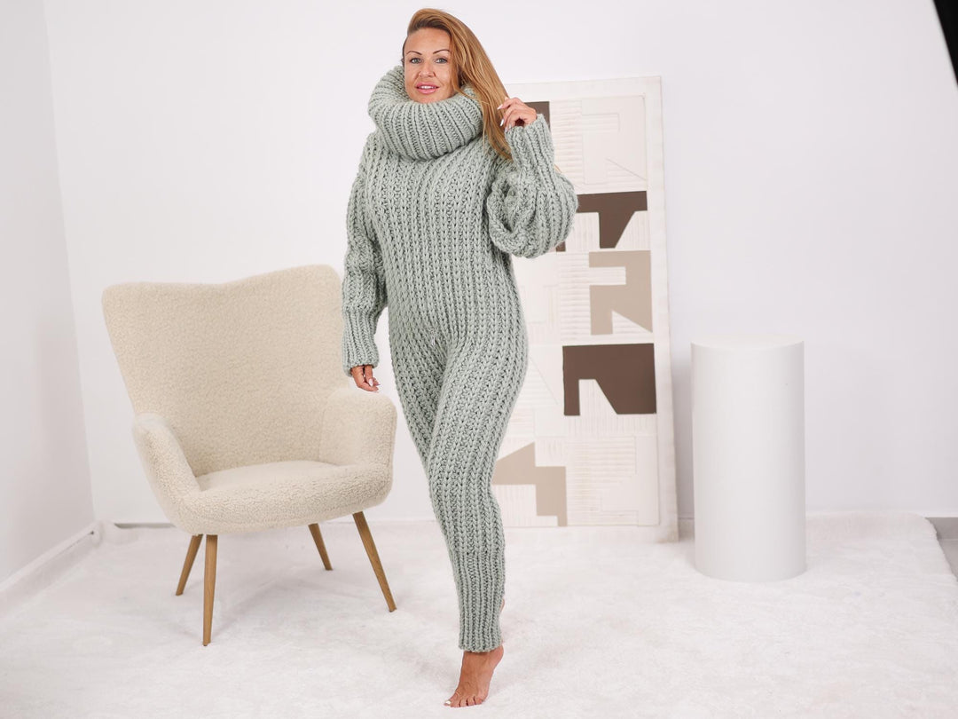100 % Wool Catsuit – Hand-Knitted Extra Long Turtleneck Bodysuit in English Rib T1694