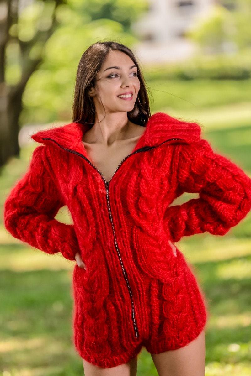 Red Mohair Catsuit – Chunky Hand-Knitted Fluffy Bodysuit with Zipper – Warm Winter Romper – T345