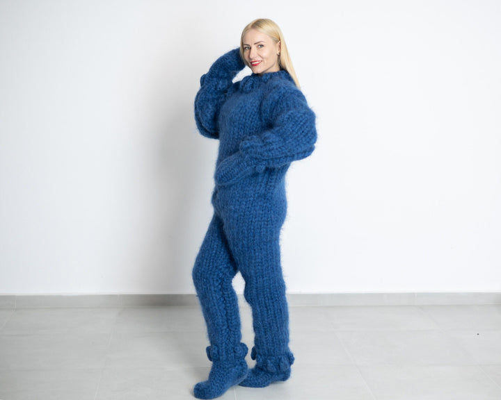 Hand Knit Mohair Catsuit: Blue Fuzzy Jumpsuit with Mittens & Socks T1514